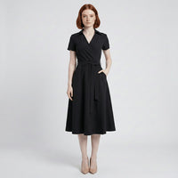 Evelyn | Women's V-Neck Wrap-Style A-Line Midi Dress Waist Tie