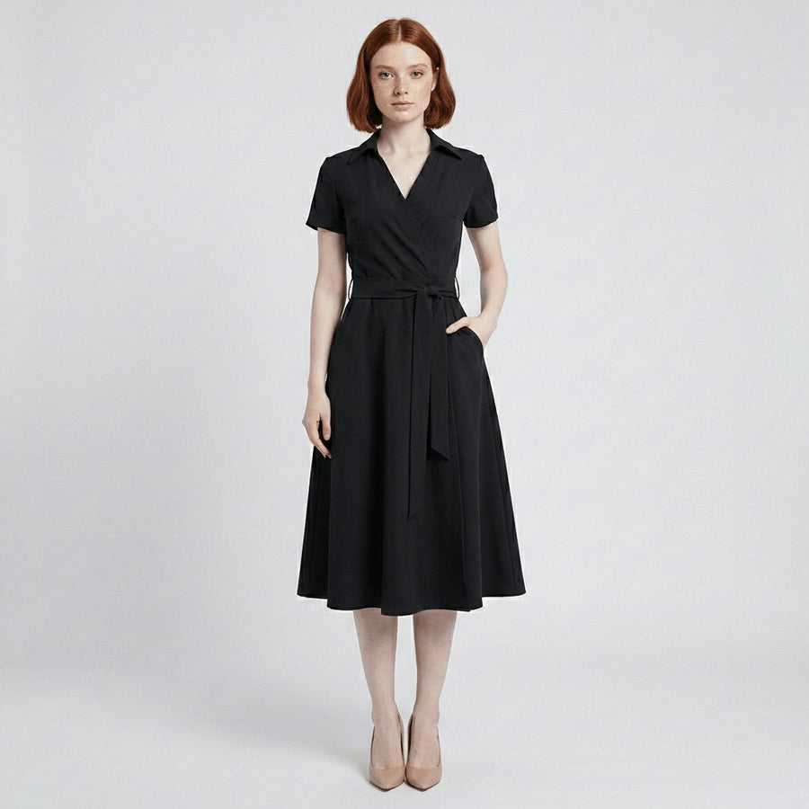 Evelyn | Women's V-Neck Wrap-Style A-Line Midi Dress Waist Tie