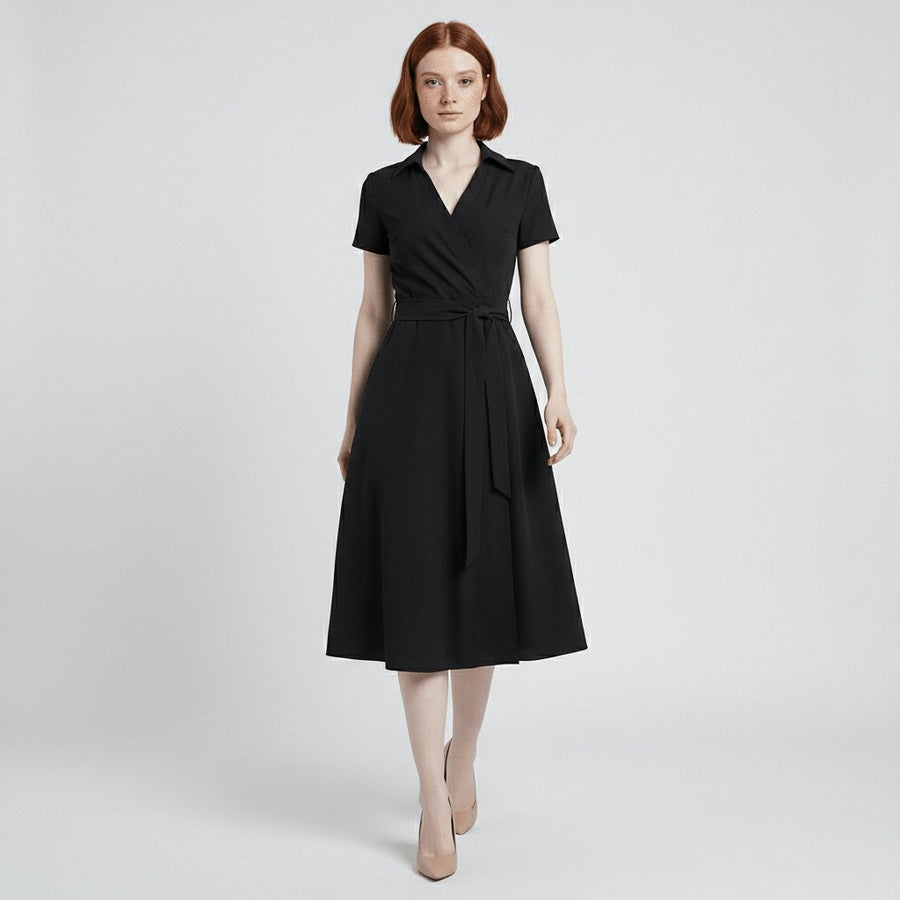 Evelyn | Women's V-Neck Wrap-Style A-Line Midi Dress Waist Tie