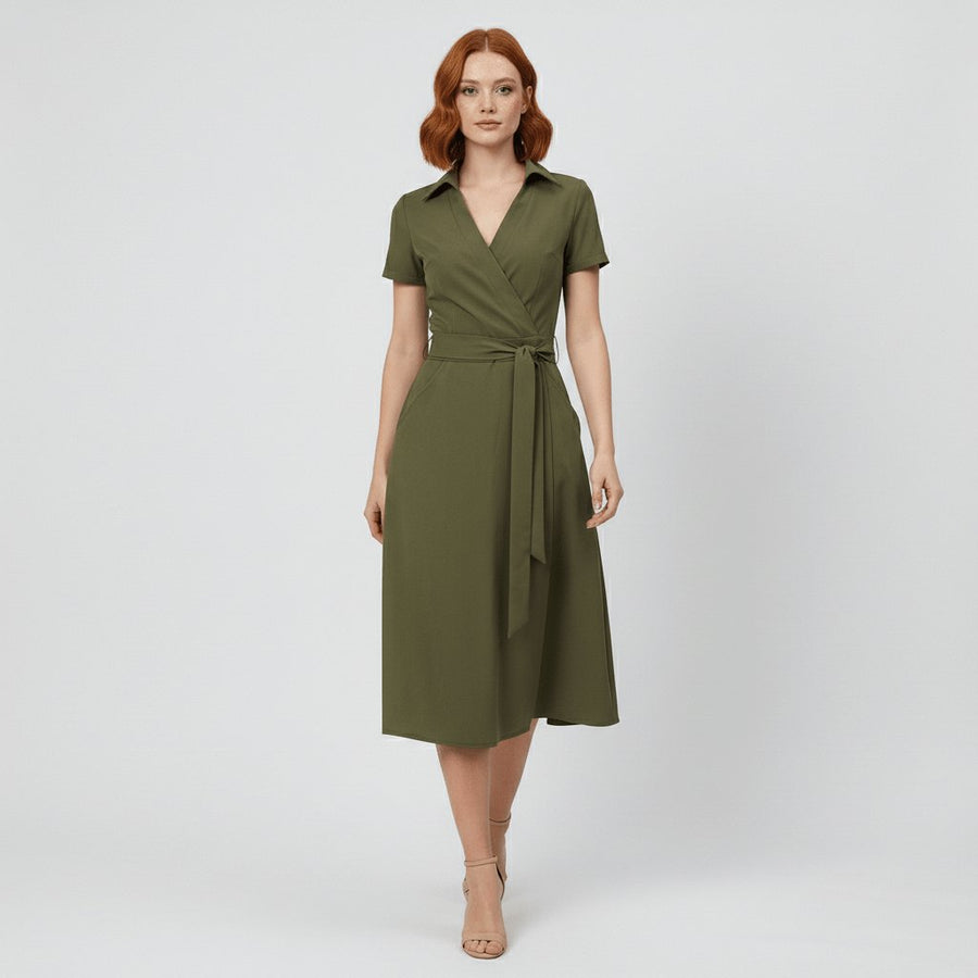 Evelyn | Women's V-Neck Wrap-Style A-Line Midi Dress Waist Tie