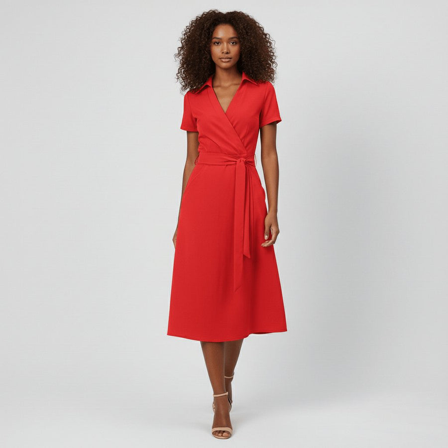 Evelyn | Women's V-Neck Wrap-Style A-Line Midi Dress Waist Tie