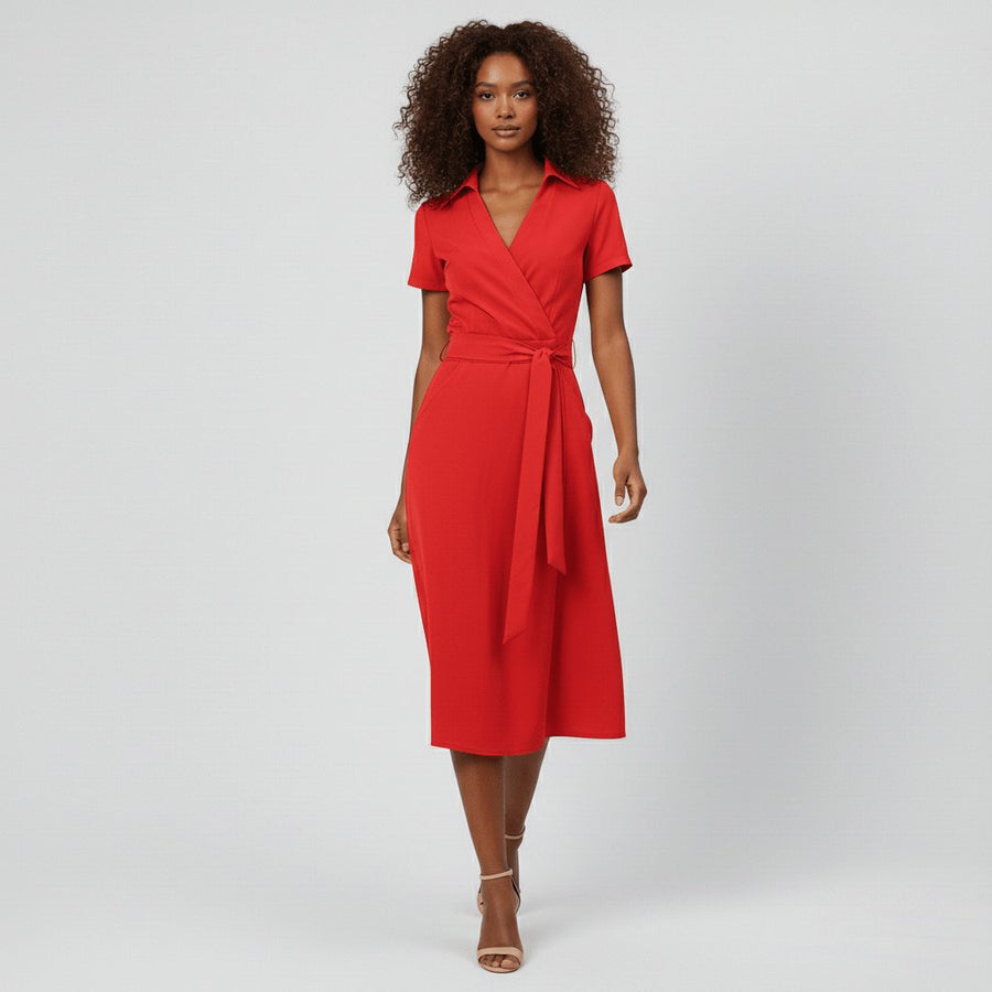 Evelyn | Women's V-Neck Wrap-Style A-Line Midi Dress Waist Tie