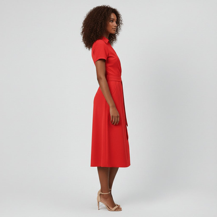 Evelyn | Women's V-Neck Wrap-Style A-Line Midi Dress Waist Tie