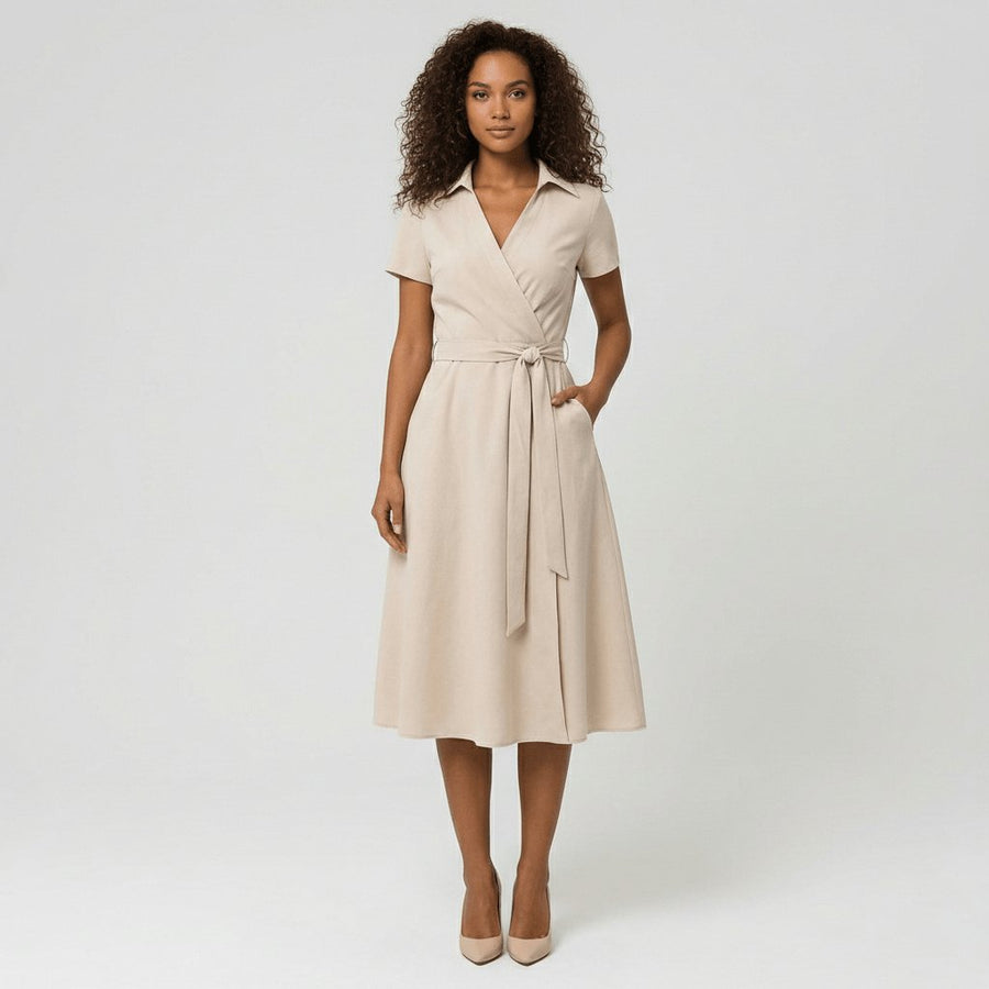 Evelyn | Women's V-Neck Wrap-Style A-Line Midi Dress Waist Tie