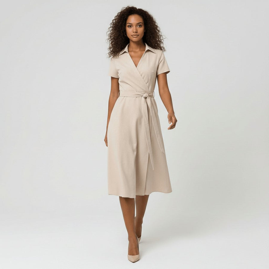 Evelyn | Women's V-Neck Wrap-Style A-Line Midi Dress Waist Tie