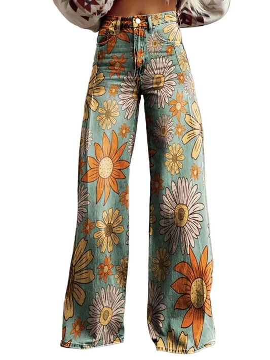Women's Wide Leg Floral Pants with High Waist and Button Front