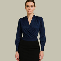 Evelyn | Women's Wrap-Front Long-Sleeve V-Neck Satin Blouses