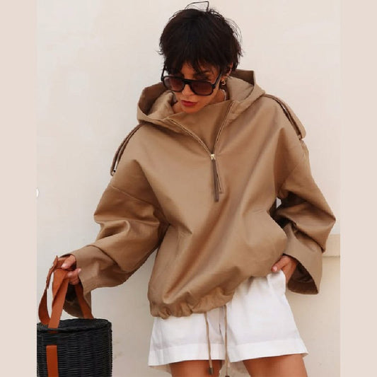 Wren Casual Hoodie with Zip Front and Hood in Khaki