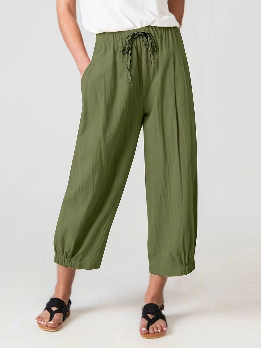 Wren Relaxed Linen Trousers with Elastic Waist in Khaki