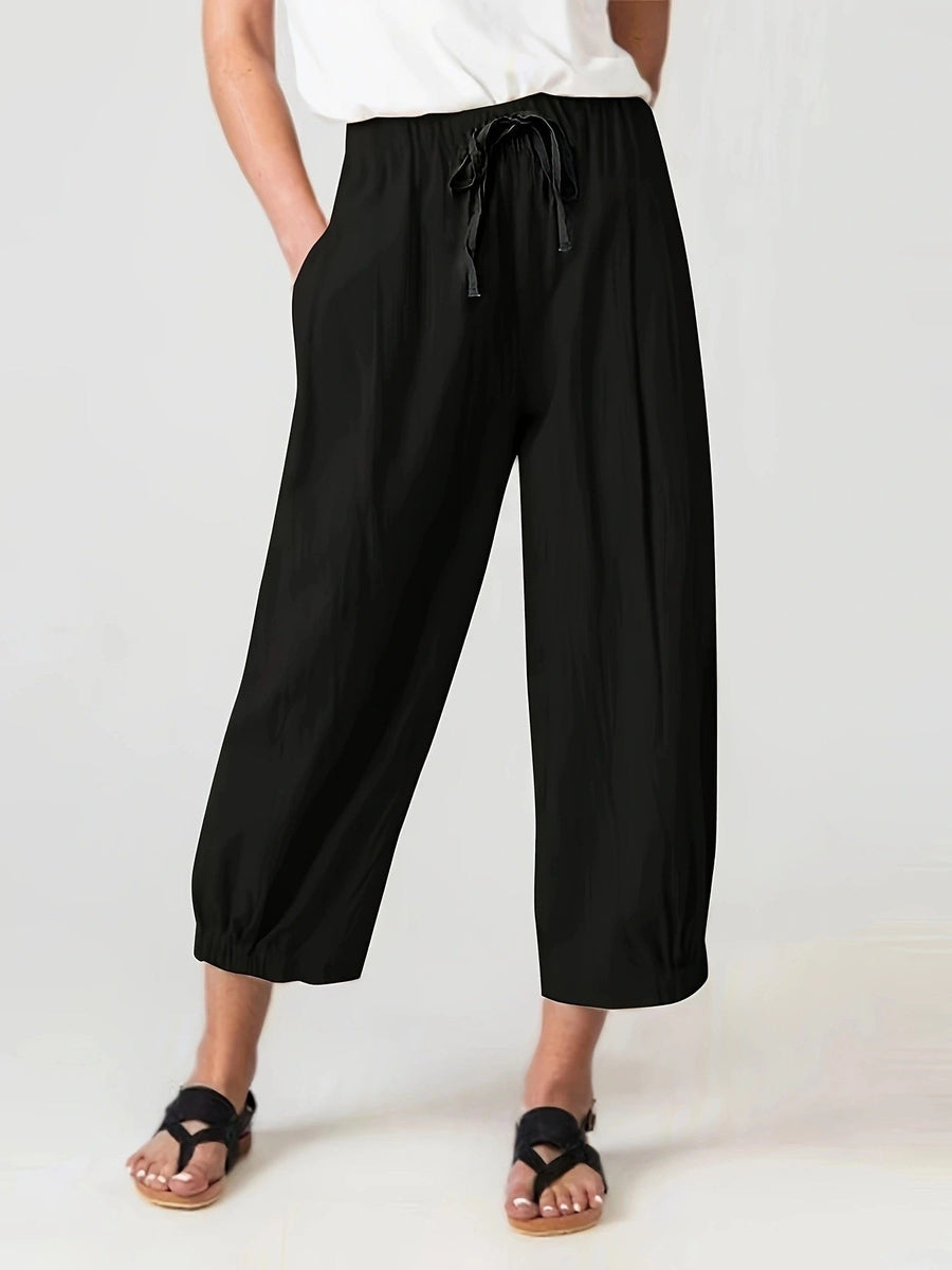 Wren Relaxed Linen Trousers with Elastic Waist in Khaki