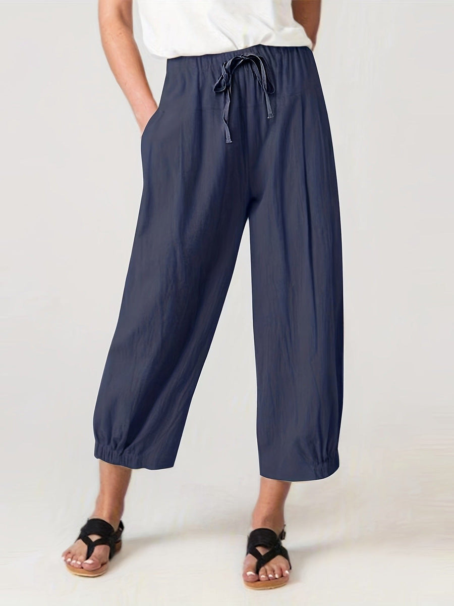 Wren Relaxed Linen Trousers with Elastic Waist in Mitternachtsblau