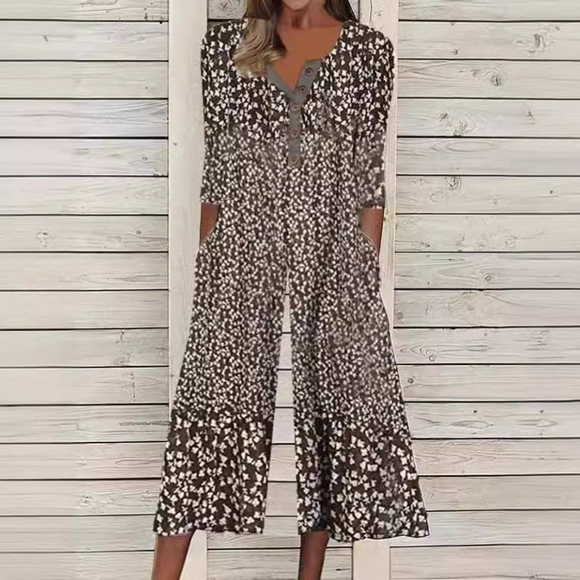 Wren Women's Printed V-Neck Short Sleeve Jumpsuit Wide Leg in Brown