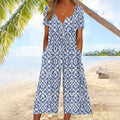 Wren Women's Printed V-Neck Short Sleeve Jumpsuit Wide Leg