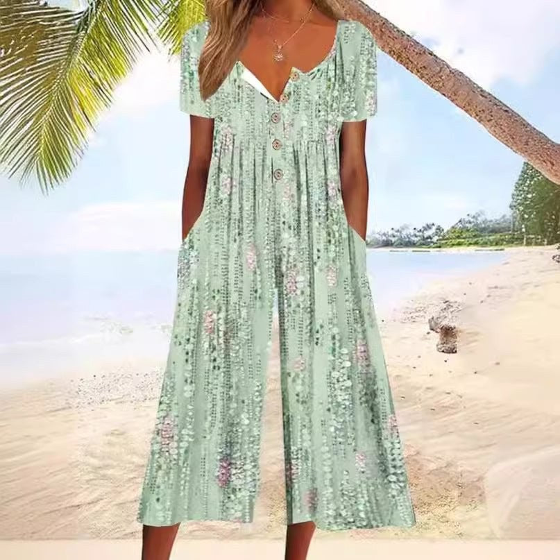 Wren Women's Printed V-Neck Short Sleeve Jumpsuit Wide Leg in Green