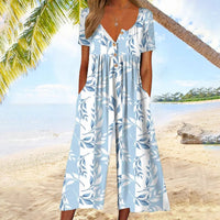 Wren Women's Printed V-Neck Short Sleeve Jumpsuit Wide Leg in Light Blue