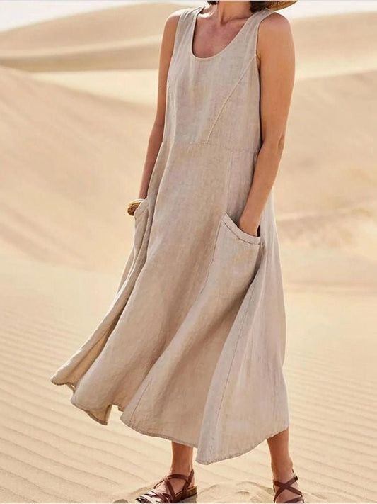 Wren Women's Sleeveless Midi Dress Scoop Neck Pockets Casual Summer in Khaki