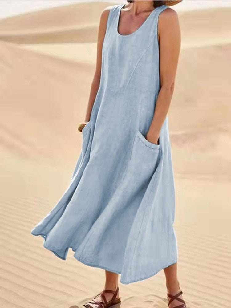 Wren Women's Sleeveless Midi Dress Scoop Neck Pockets Casual Summer in Light Blue