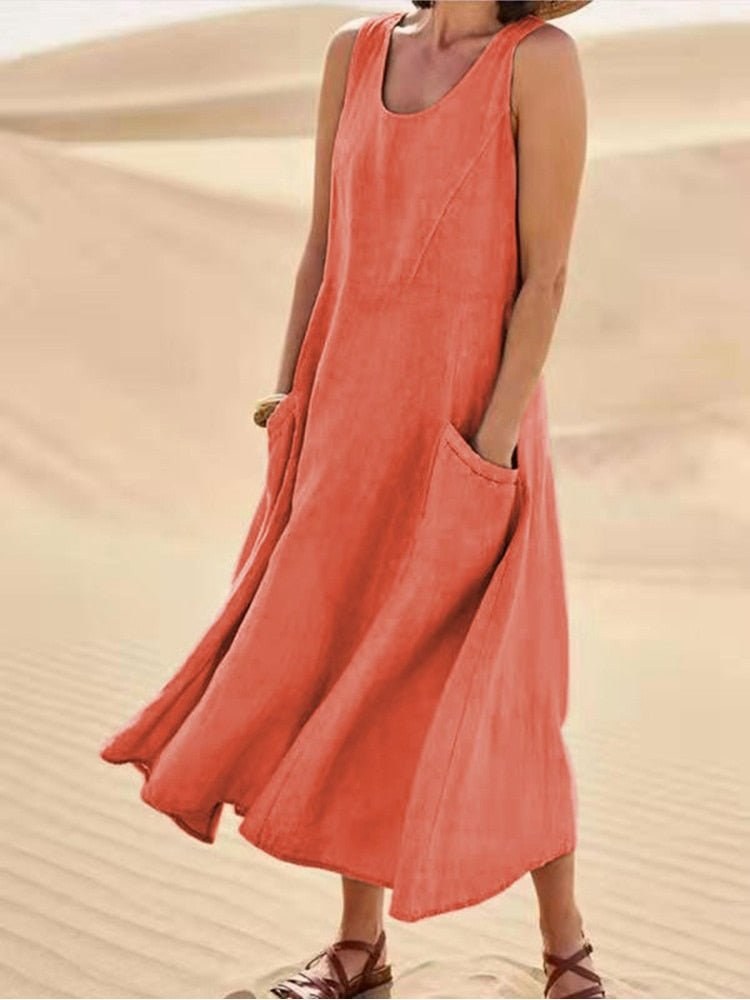 Wren Women's Sleeveless Midi Dress Scoop Neck Pockets Casual Summer in Orange