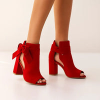 Wrenova Women's Block Heel Open Toe Bow Sandal in Red