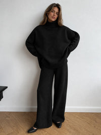 Wrenova Women's Knit Turtleneck Two Piece Lounge Set in Black