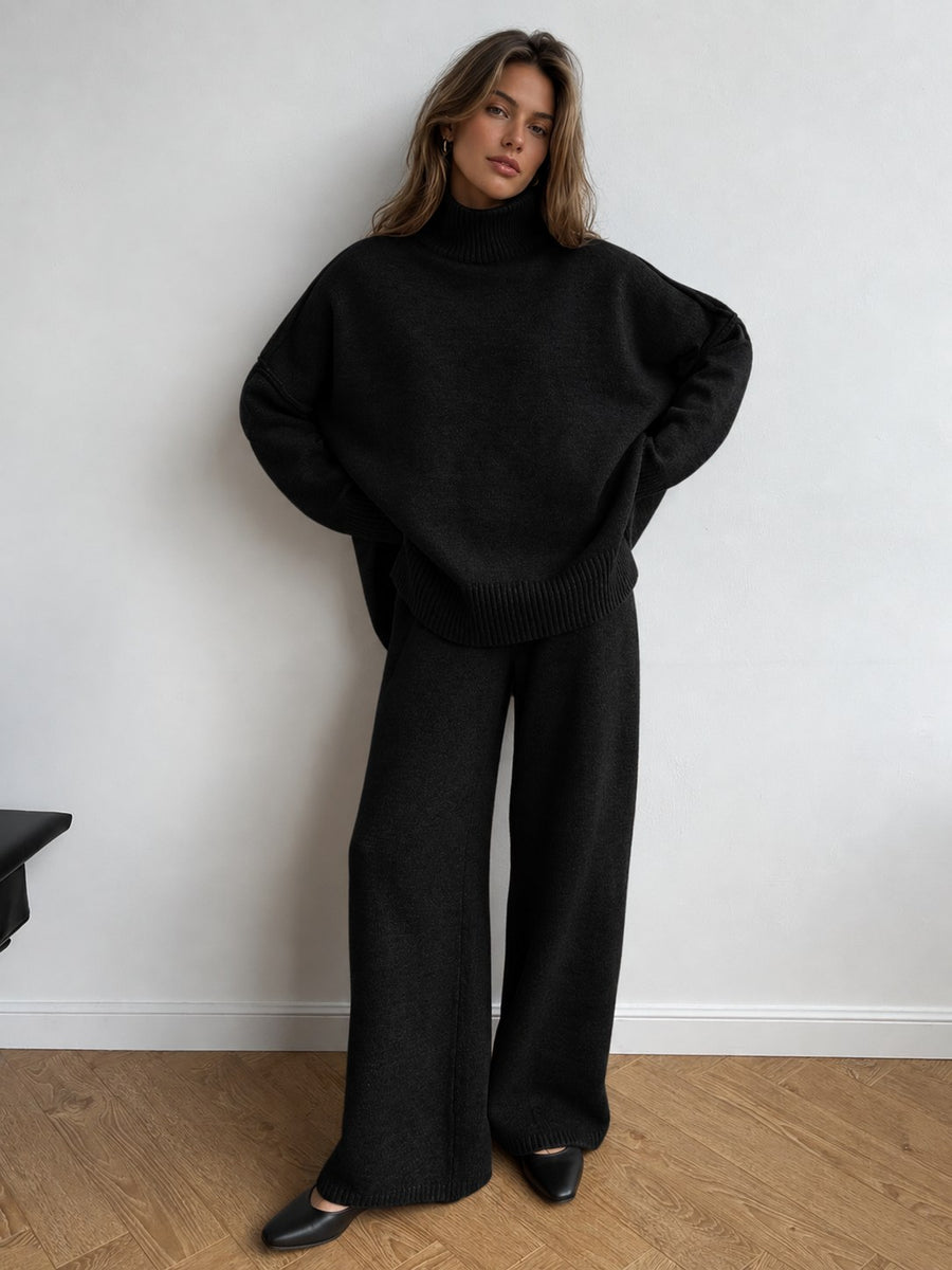 Wrenova Women's Knit Turtleneck Two Piece Lounge Set in Black