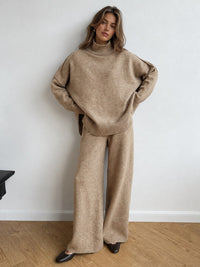 Wrenova Women's Knit Turtleneck Two Piece Lounge Set in Camel