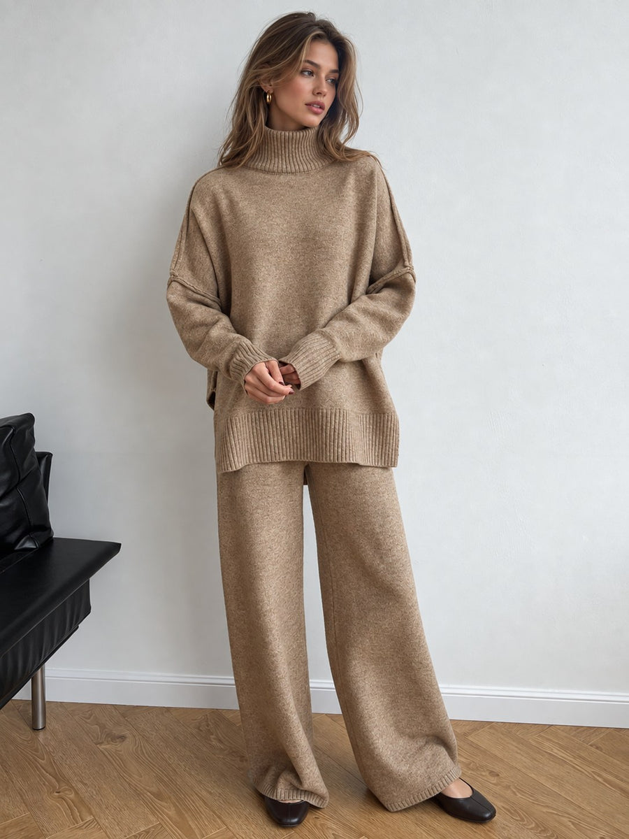 Wrenova Women's Knit Turtleneck Two Piece Lounge Set in Camel