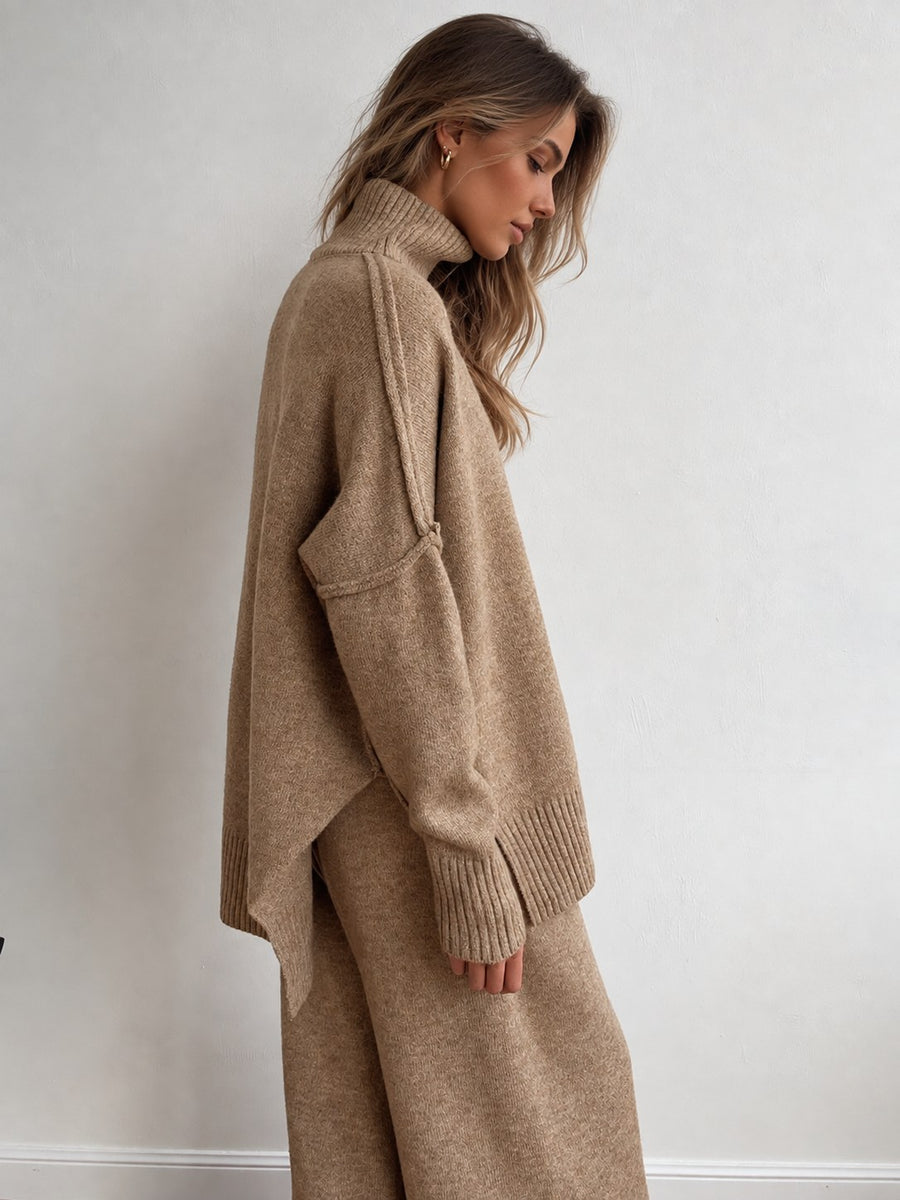 Wrenova Women's Knit Turtleneck Two Piece Lounge Set in Camel