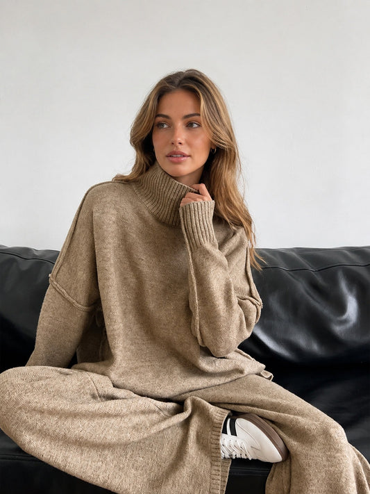Wrenova Women's Knit Turtleneck Two Piece Lounge Set in Camel