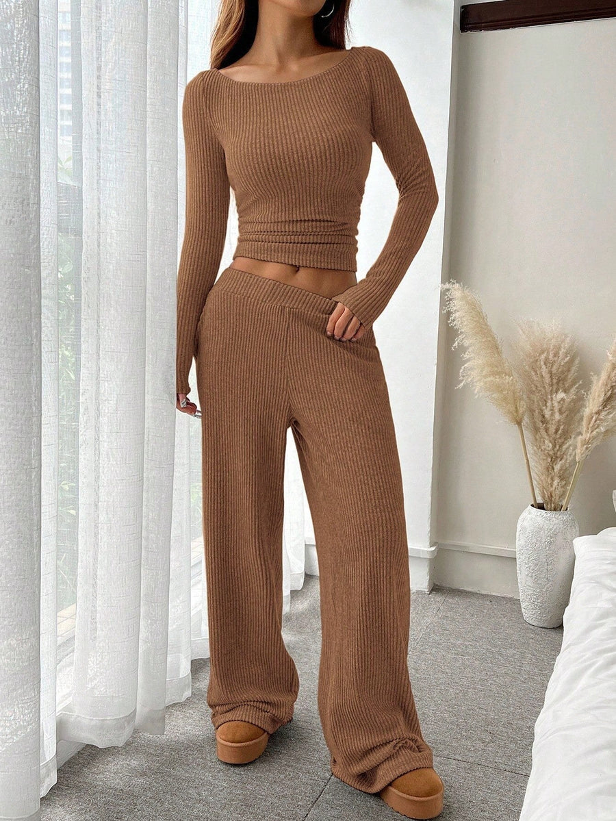 Wrenova Women's Ribbed Two Piece Lounge Set in Brown