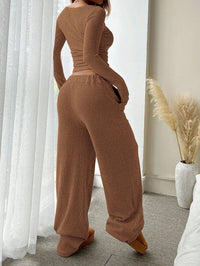 Wrenova Women's Ribbed Two Piece Lounge Set in Brown