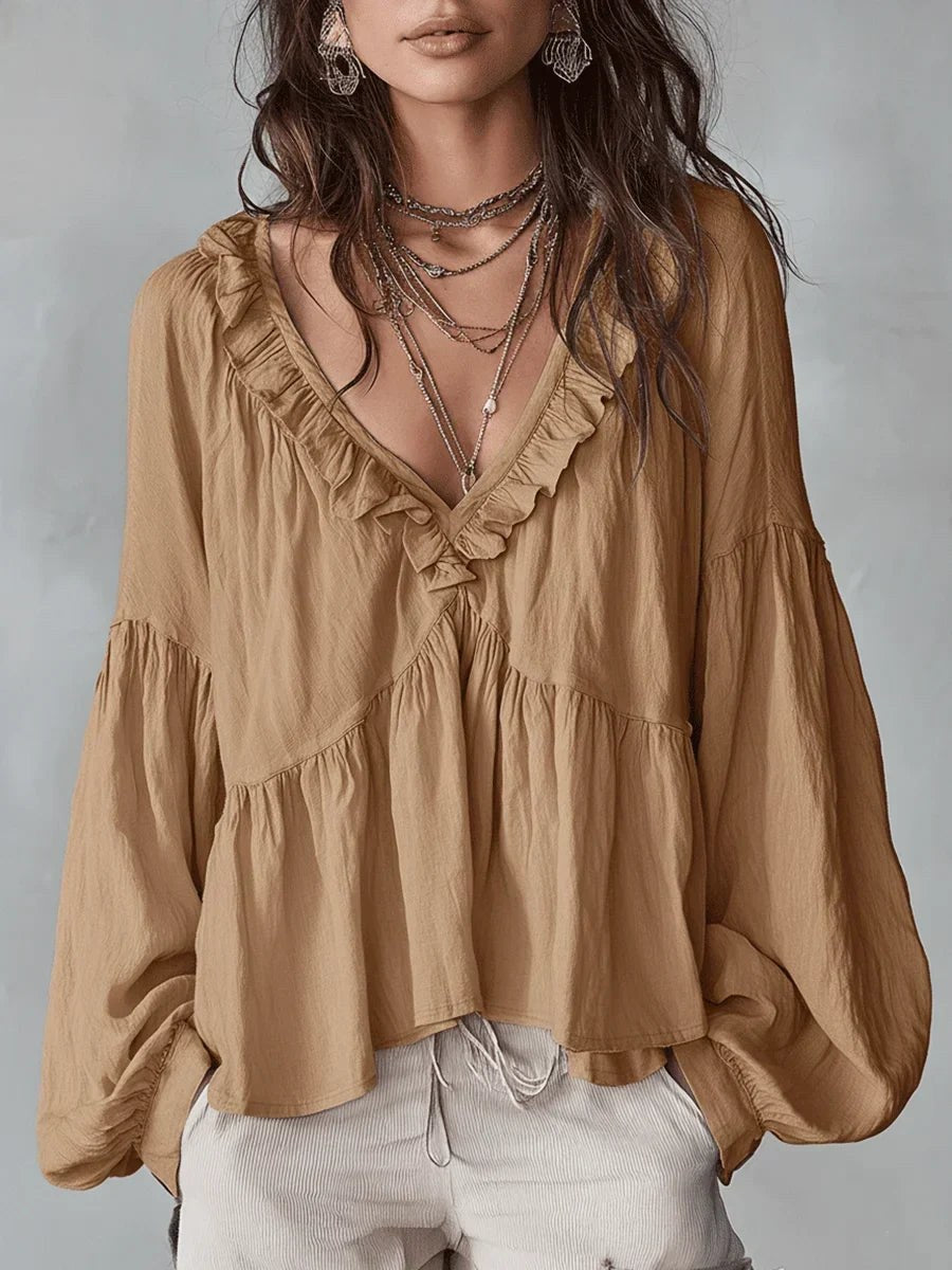 Wyndara Women's Boho Blouse Ruffle V-Neck Top in Khaki