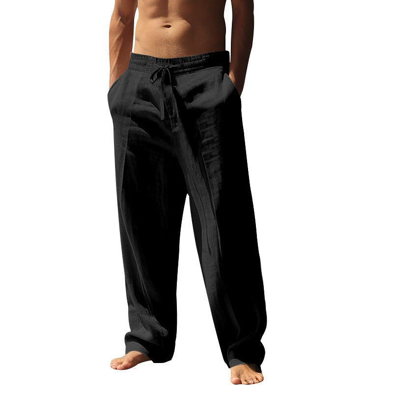 Xander Linen Blend Trousers with Drawstring Waist in Black