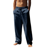 Xander Linen Blend Trousers with Drawstring Waist in Blue