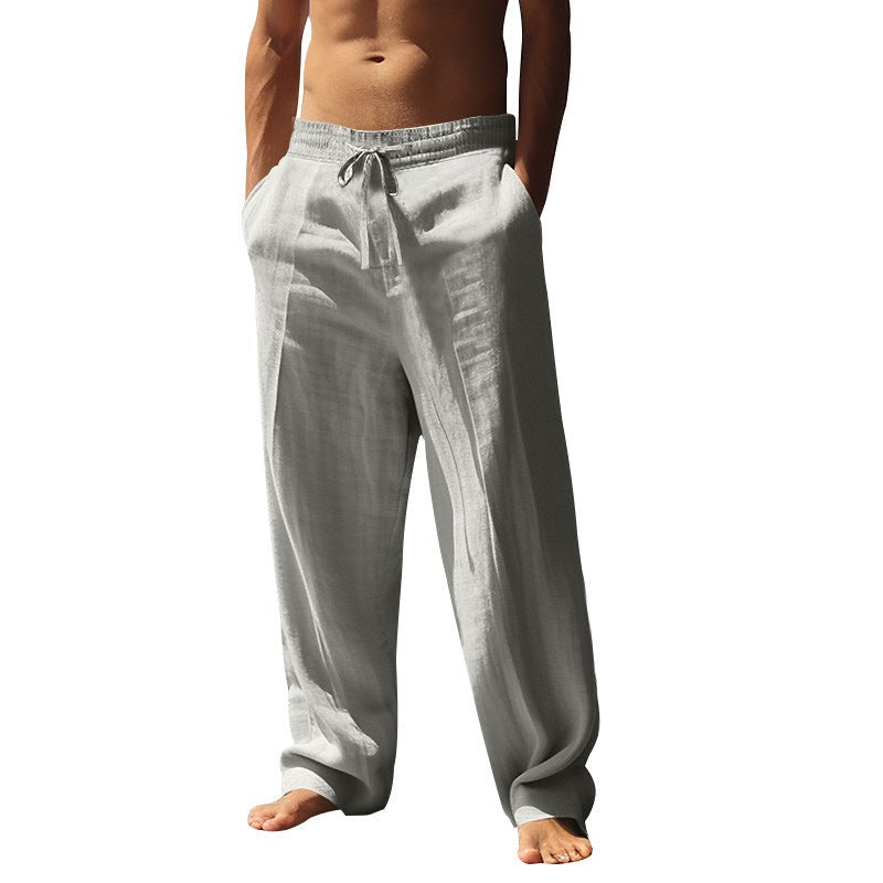 Xander Linen Blend Trousers with Drawstring Waist in Dark Grey