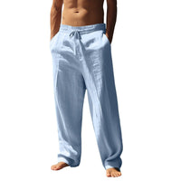 Xander Linen Blend Trousers with Drawstring Waist in Light Blue