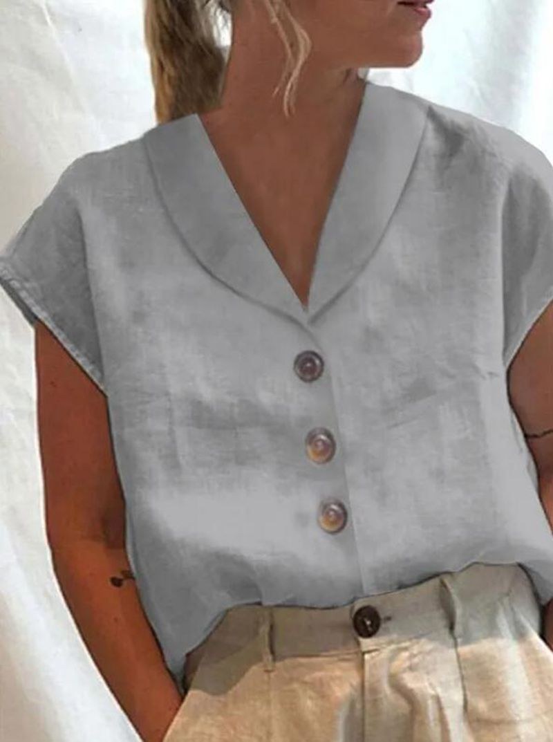 Xenia Airy Linen Blouse with Button Front in Grey