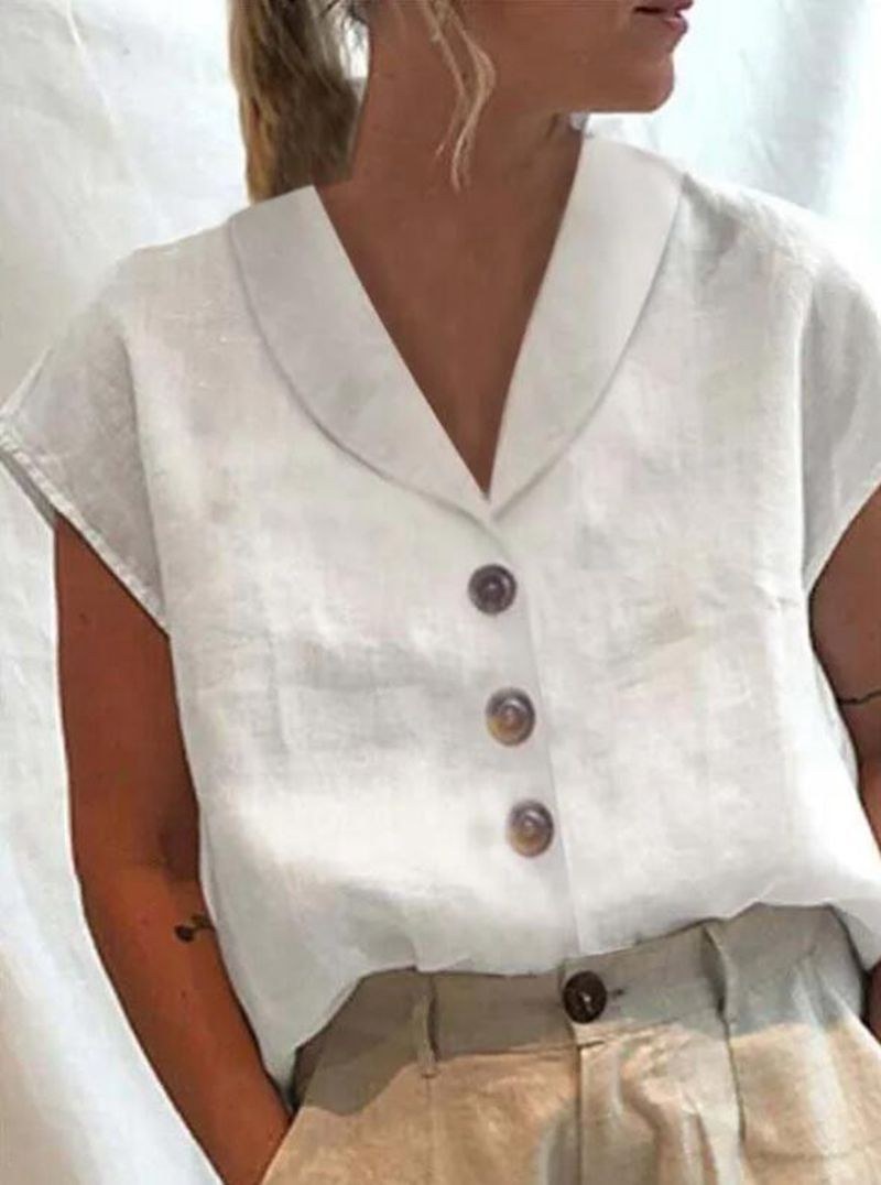 Xenia Airy Linen Blouse with Button Front in White