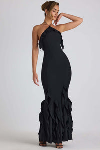 Xenia Elegant Maxi Dress with Ruffles and Fitted in Black