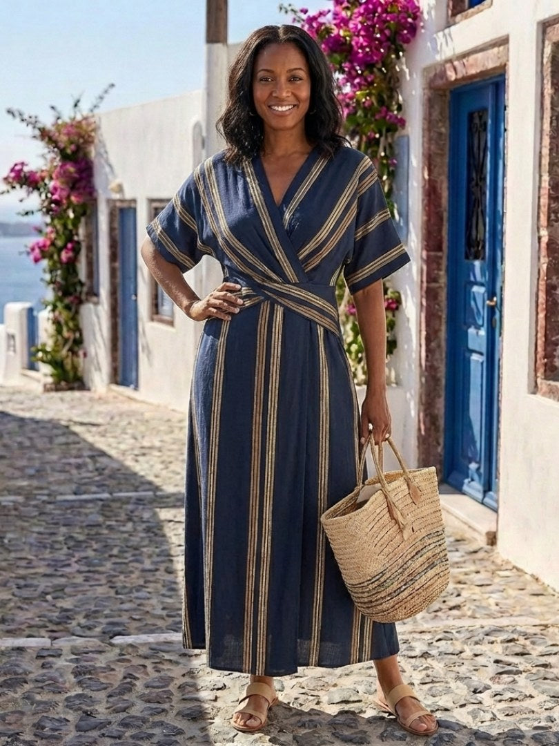 Ximena Women's Striped V-Neck Short Sleeve Wrap Midi Dress in Navy