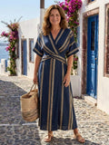 Ximena Women's Striped V-Neck Short Sleeve Wrap Midi Dress