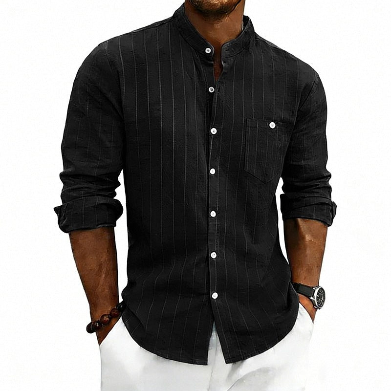 Yannick Breathable Shirt with Stand Collar and Long Sleeve in Black
