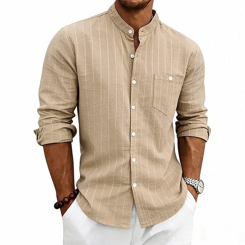 Yannick Breathable Shirt with Stand Collar and Long Sleeve in Khaki