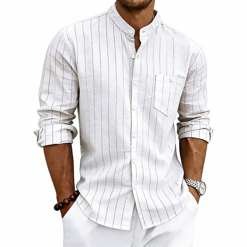 Yannick Breathable Shirt with Stand Collar and Long Sleeve in White