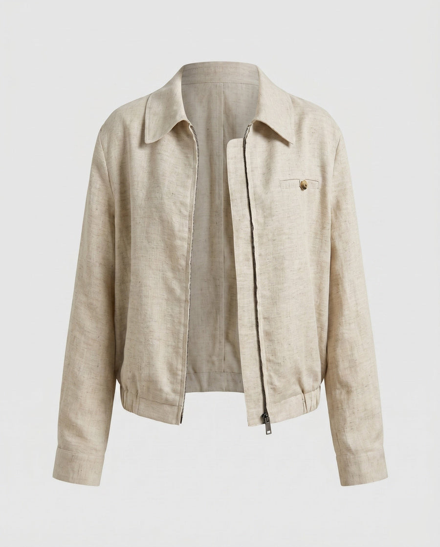Yara Casual Linen Jacket with Zip Front and Chest Pocket in Beige