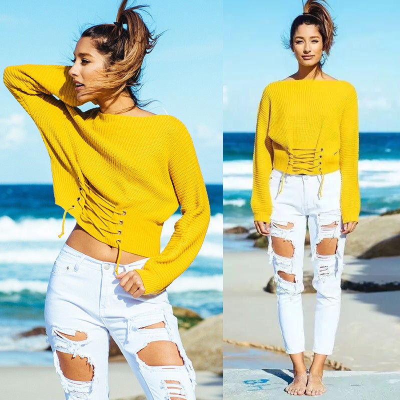 Yara Knit Sweater with Lace-Up in Yellow