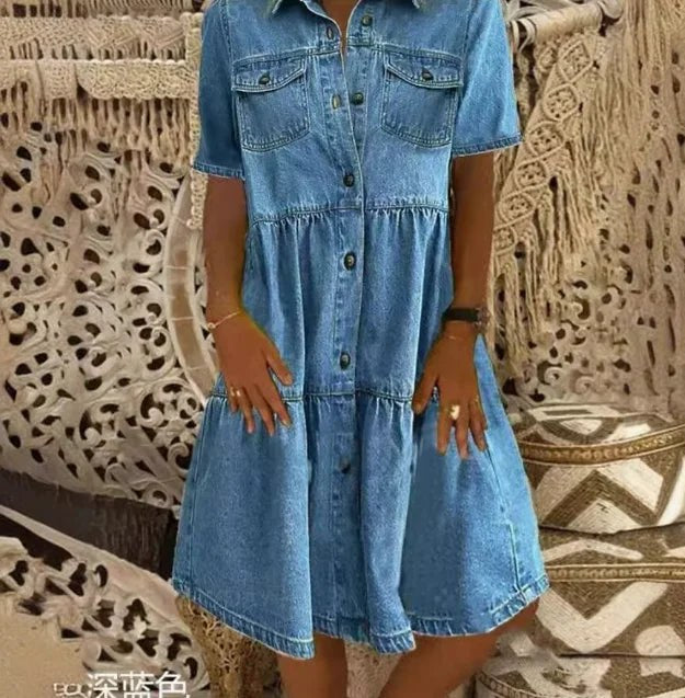 Yara™ Boho Denim Dress in Dark Blue
