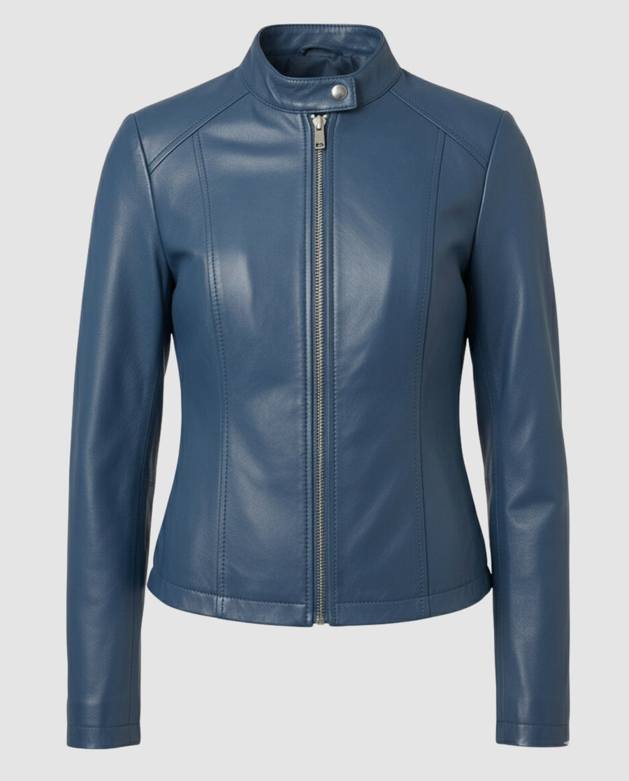 Yasmin Elegant Leather Jacket in Navy
