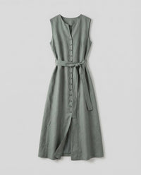 Yasmin Linen Blend Midi Dress with Button Front in Grey