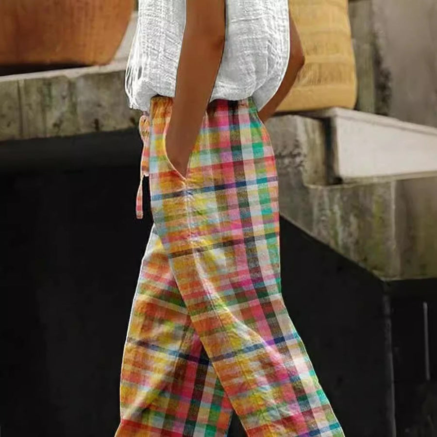 Yasmin Linen Trousers with Drawstring Waist and Checked